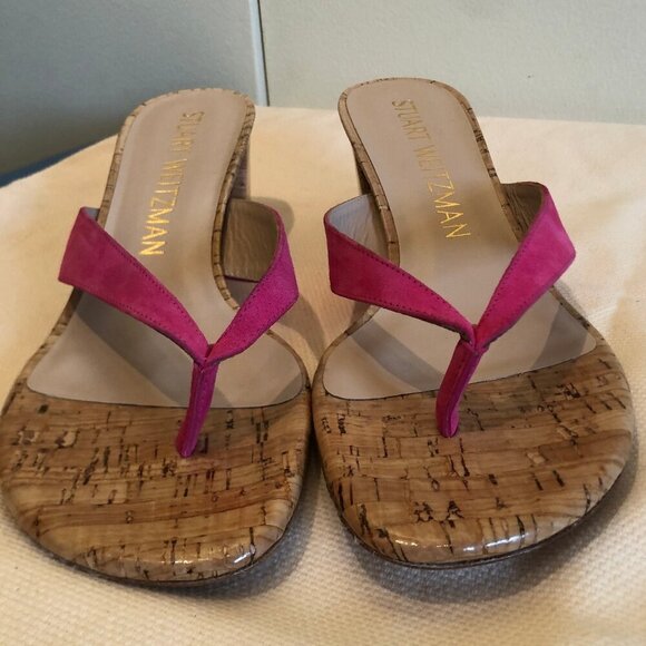 NEW (NWOT) Stuart Weitzman Brigida pink suede/cork heeled sandals sz 8 - Picture 6 of 16